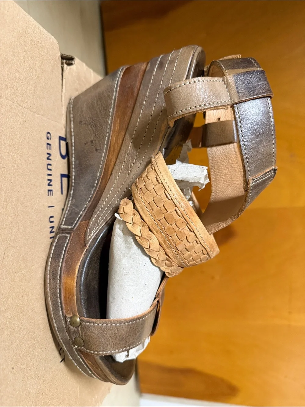 BED|STU Brown and Tan Leather Braided Wedge Sandals